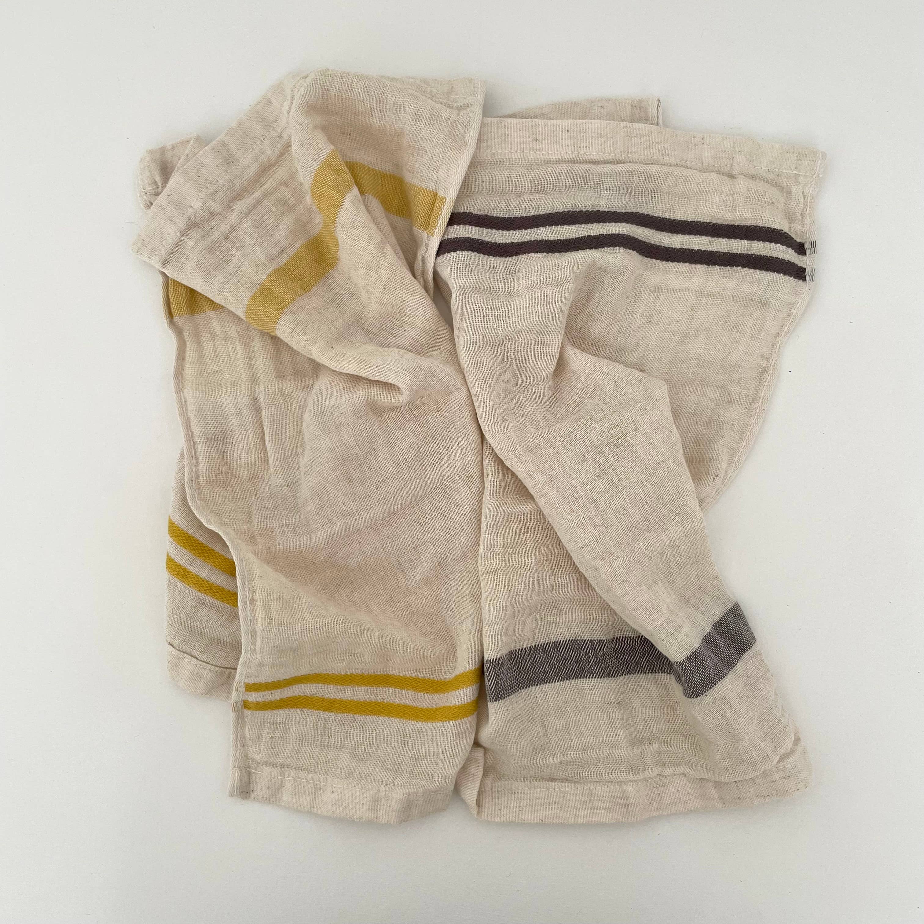 Cotton/Linen blend striped border kitchen cloth yellow grey